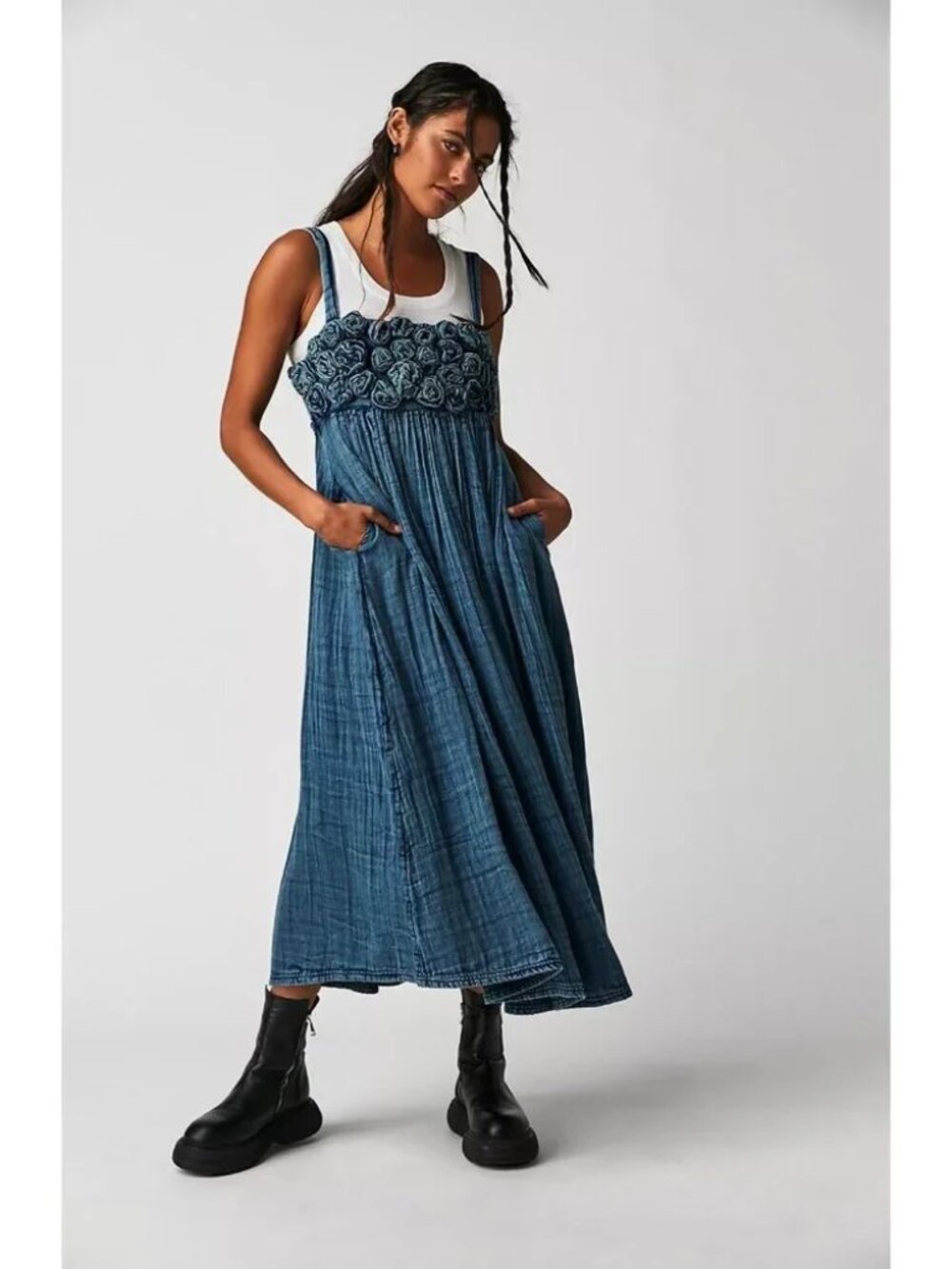 Free People Dolly Floral Applique Gauze Midi Dress Medium Indigo Blue NWT